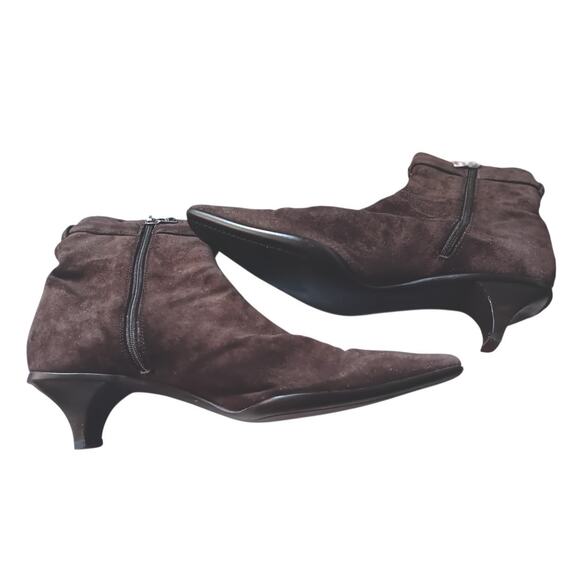 Y2K Vintage PRADA Kitten Heel Suede Boots 37 6.5 Square Toe Brown 2000's Buckle - Picture 10 of 14
